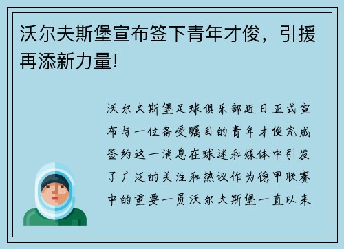 沃尔夫斯堡宣布签下青年才俊，引援再添新力量!