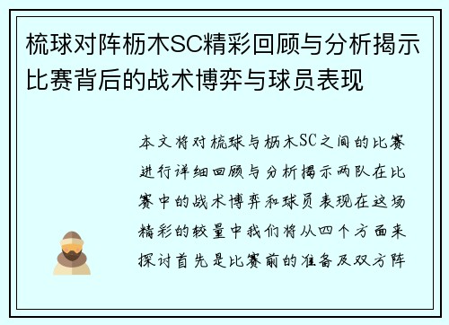 梳球对阵枥木SC精彩回顾与分析揭示比赛背后的战术博弈与球员表现